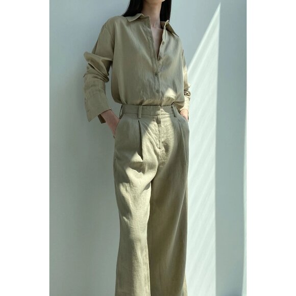 Oak + Fort 100% Linen Straight Wide Leg Trouser Pants Effortless Quiet Luxury - Picture 1 of 11